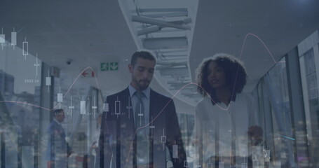 Image of financial data over diverse businesswoman and businessman walking in office