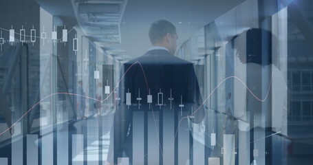 Image of data processing over diverse business people walking