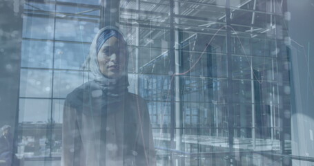 Image of data processing over biracial businesswoman walking