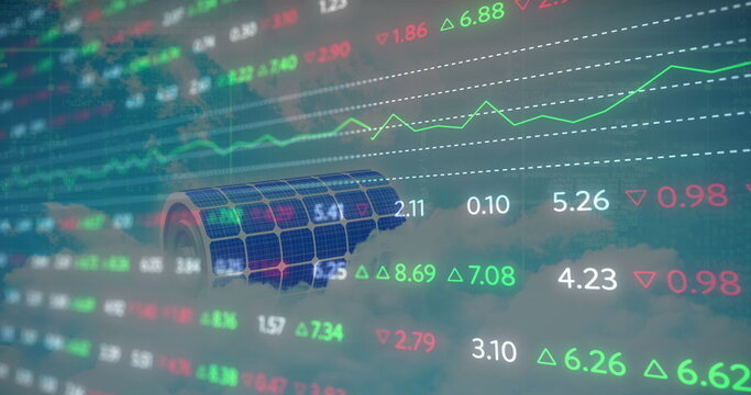 Image of financial data processing over solar panel
