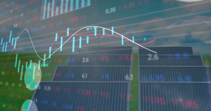 Image of financial data processing over solar panels