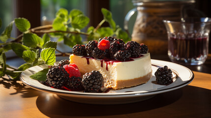 Cheesecake with sour cream, different berries and fresh mint decorations, concept of cooking in the kitchen - obrazy, fototapety, plakaty