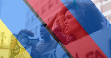 Image of flag of ukraine and russia over diverse protesters