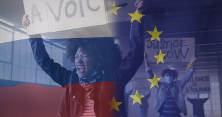 Image of flag of russia and european union over african american female protester