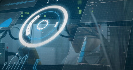 Image of digital interface over caucasian server room worker