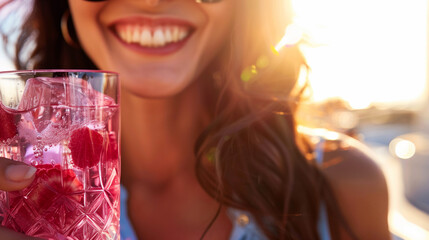 oyful moment captured close-up: a woman smiling with a refreshing pink summer drink in hand, embodying the essence of relaxation and happiness in the golden hour
