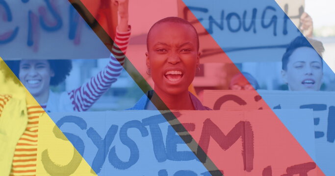 Image of flag of ukraine and russia over diverse protesters - Powered by Adobe