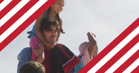 Image of flag of united states of america over biracial father carrying daughter piggyback