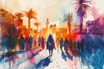 Foto op Canvas Colorful watercolor of Jesus riding a donkey to Jerusalem, palm sunday © Ema