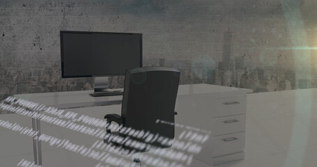 Image of data processing over computer in empty office and cityscape in background
