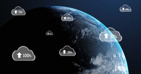 Fototapeta premium Image of digital clouds with arrows and percent growing over earth in universe in background