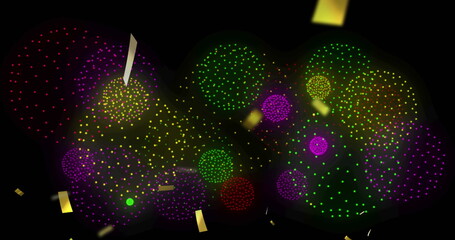 Image of confetti over shapes and fireworks on black backrgound