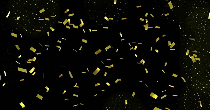 Image of confetti over shapes on black backrgound