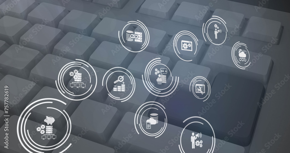 Poster image of digital online icons over computer keyboard on grey background