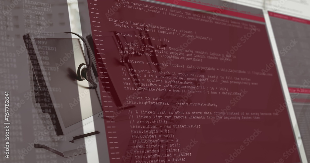 Poster digital interface data processing against empty office in background