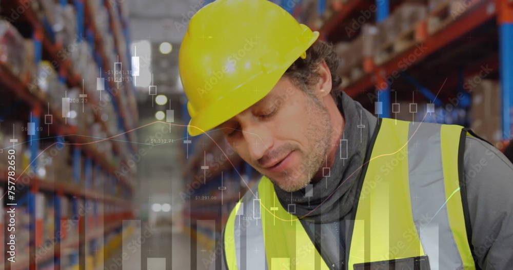 Poster image of data processing over man working in warehouse