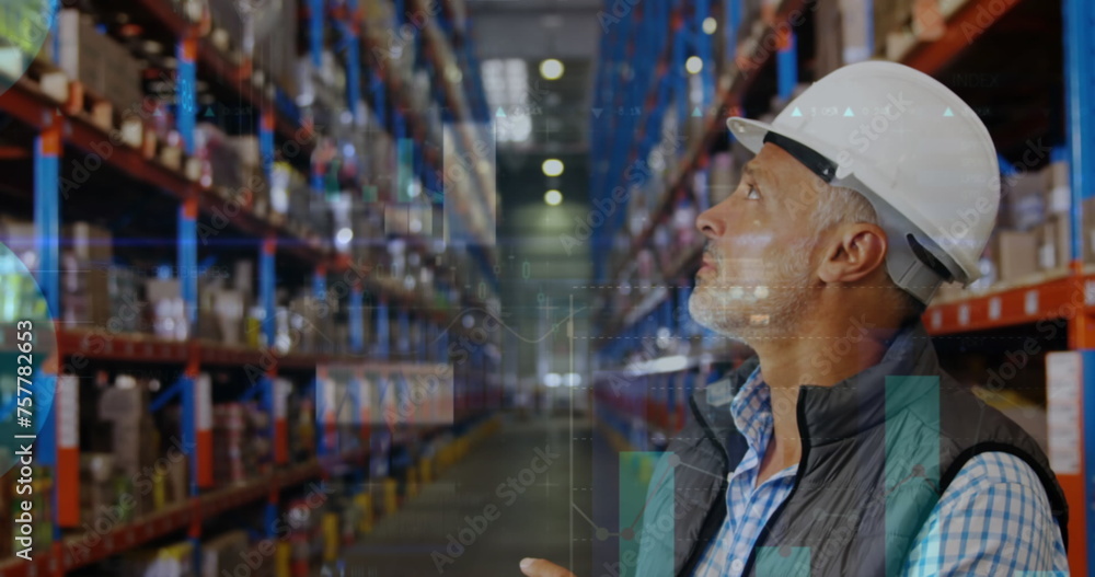 Poster image of data processing over man working in warehouse