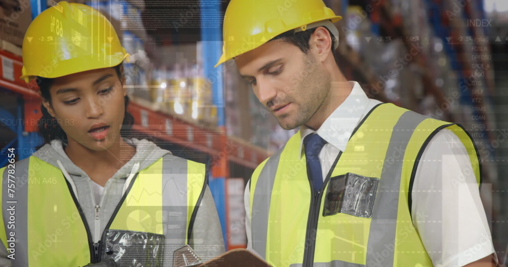 Poster image of data processing over people working in warehouse