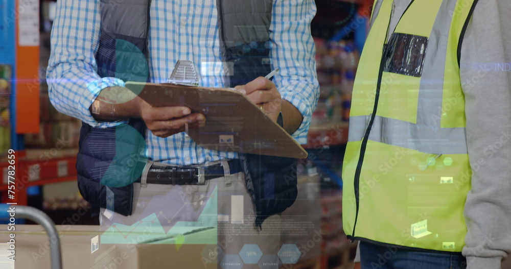 Poster image of data processing over people working in warehouse