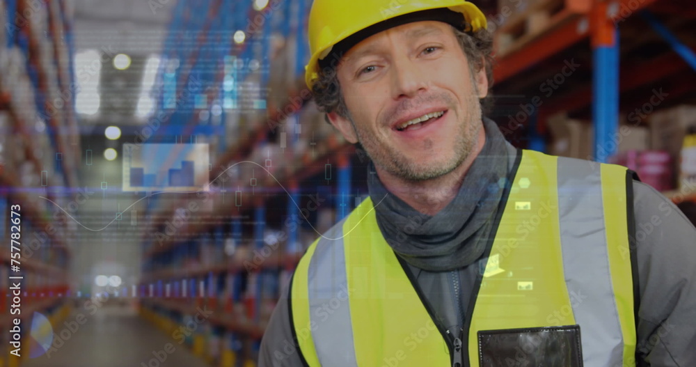 Poster image of data processing over man working in warehouse