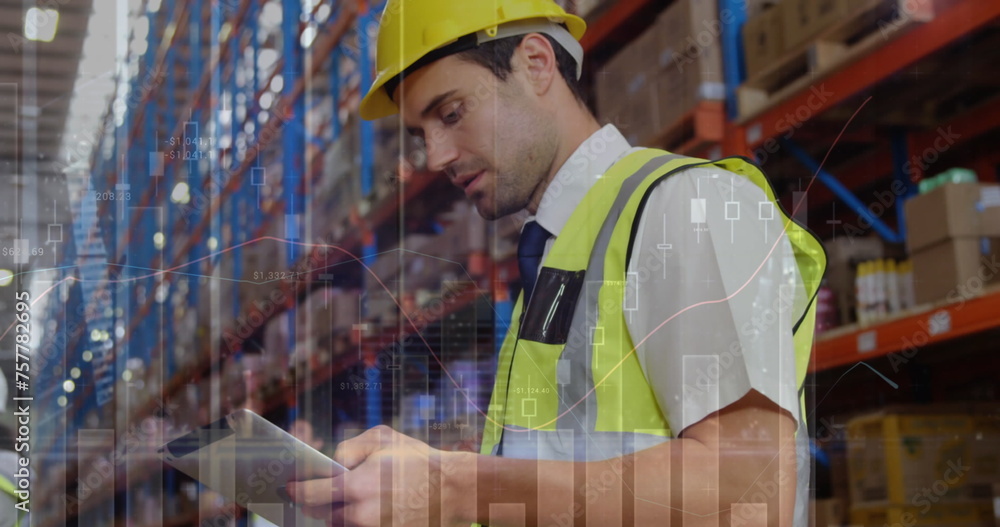 Poster image of data processing over man working in warehouse