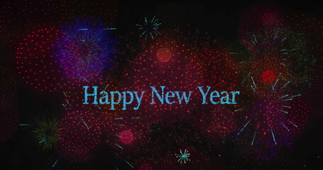 Image of happy new year text over fireworks on black backrgound