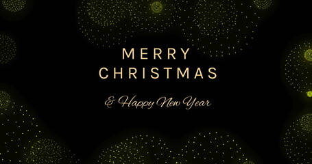 Image of merry christmas and a happy new year text over shapes and fireworks on black backrgound