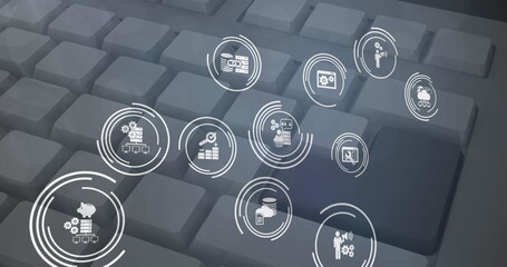Image of digital online icons over computer keyboard on grey background
