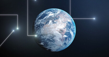 Naklejka premium Image of glowing light trails over globe on blue background
