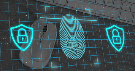 Fingerprint scanner and security padlock icon over grid network against mouse and keyboard