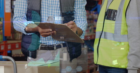 Image of data processing over people working in warehouse