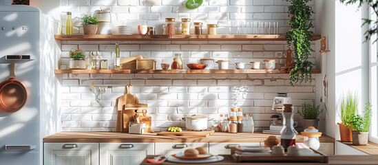 modern living room kitchen vintage concept with white brick wall and wooden furniture
