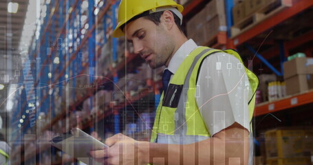 Image of data processing over man working in warehouse
