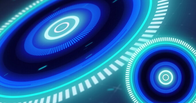 Image of glowing blue scopes scanning with glitch and flying particles on blue background - Powered by Adobe