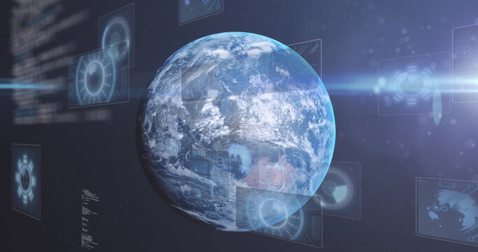 Naklejki Image of data processing over earth in universe on blue background