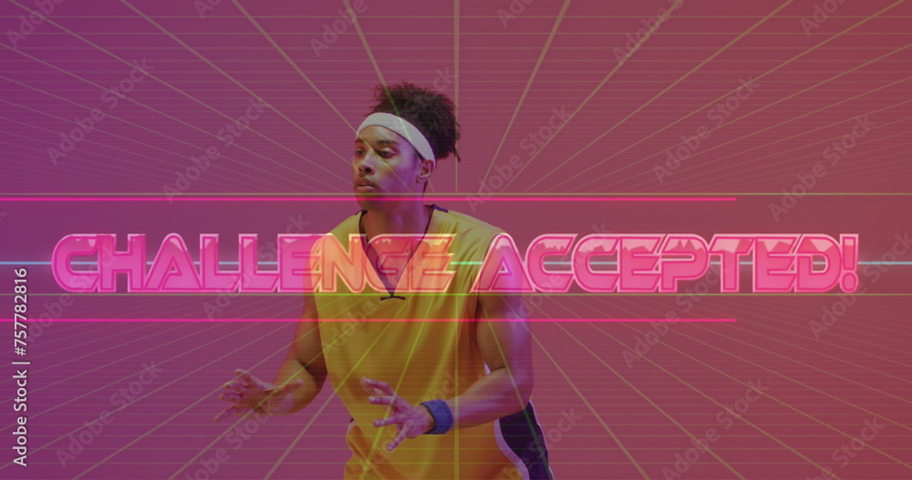 Aufkleber image of challenge accepted text over neon pattern and biracial basketball player