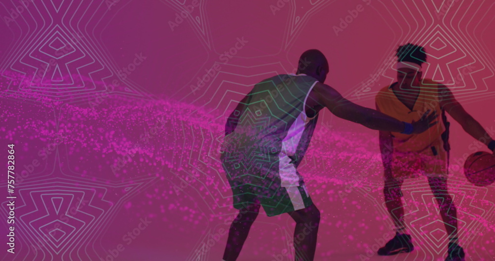 Poster image of pink mesh and data processing over diverse basketball players