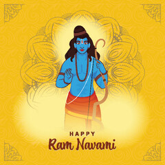Happy Ram Navami (Lord Rama Birthday) Celebration Greeting Card with Hindu Mythological Lord Rama Character on Yellow Mandala Pattern Background.