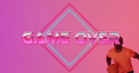 Image of game over text over neon pattern and african american basketball player