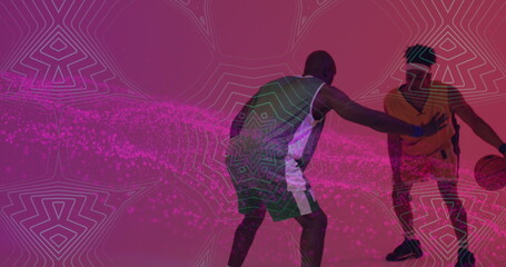 Naklejka premium Image of pink mesh and data processing over diverse basketball players