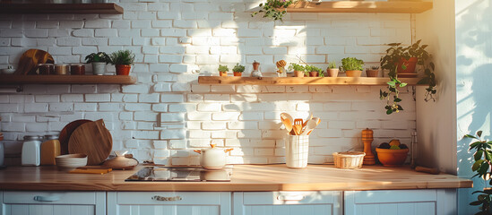 Obraz na płótnie Canvas modern living room kitchen vintage concept with white brick wall and wooden furniture