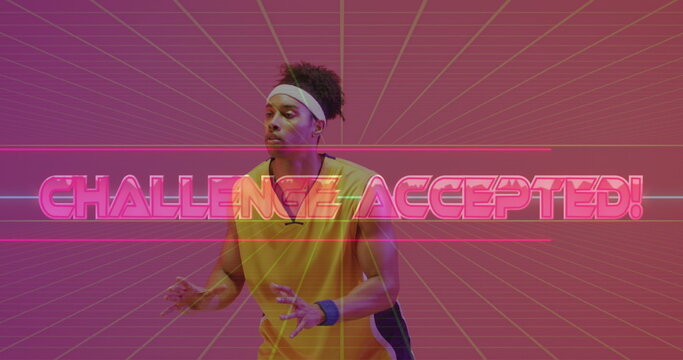 Image of challenge accepted text over neon pattern and biracial basketball player - Powered by Adobe