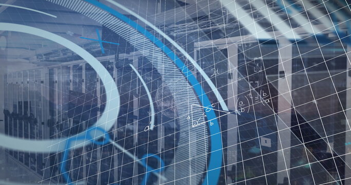 Image of network of connections and scope scanning over cityscape