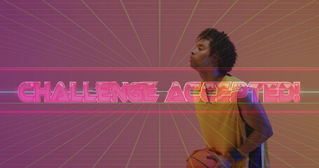 Image of challenge accepted text over neon pattern and biracial basketball player