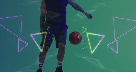 Image of neon pattern over african american basketball player