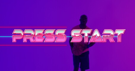 Image of press start text over neon pattern and african american basketball player