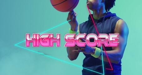 Image of high score text over neon pattern and biracial basketball player
