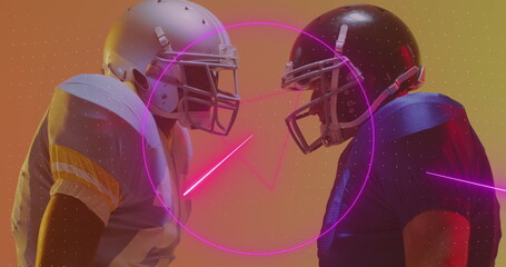 Image of neon shapes and data processing over caucasian american football player