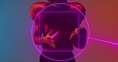 Image of neon shapes and data processing over american football player
