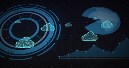 Image of cloud icons, scope scanning and data processing